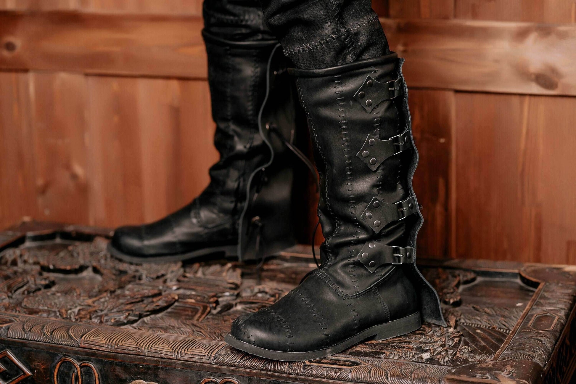 Black leather high boots with buckles - Black / 5
