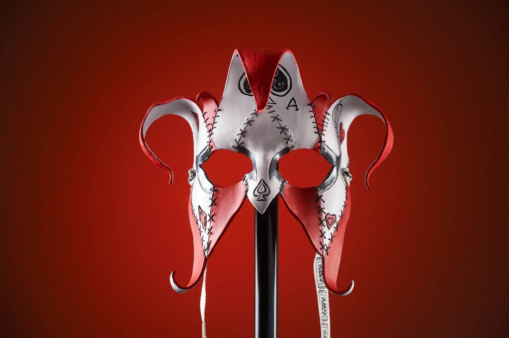 The Joker's Card-Joker Jester Handmade Genuine Leather Mask in Red - 