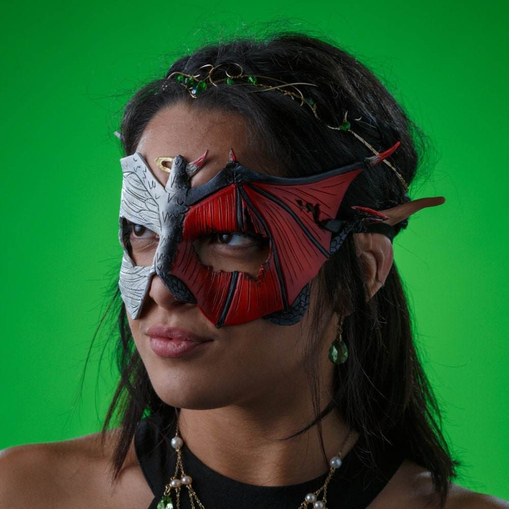 Angel Devil Handmade Genuine Leather Mask in Red and White for Masquerades Halloween or Cosplay- Good vs. Evil - 