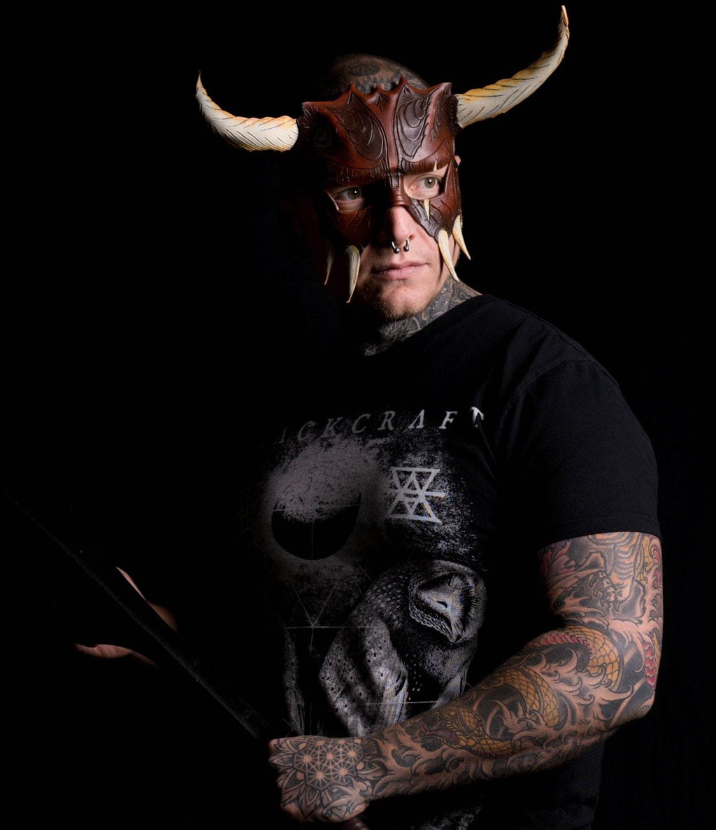 Handmade Genuine Leather Mask with Horns in Natural Colors - The Horned Beast - 