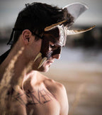 Handmade Genuine Leather Mask with Horns in Natural Colors - The Horned Beast - 