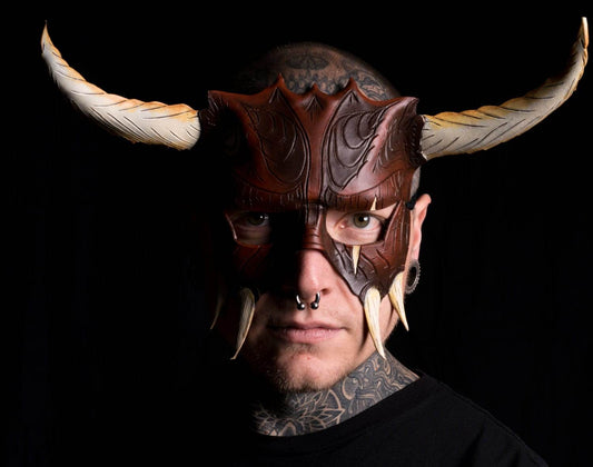Handmade Genuine Leather Mask with Horns in Natural Colors - The Horned Beast - 