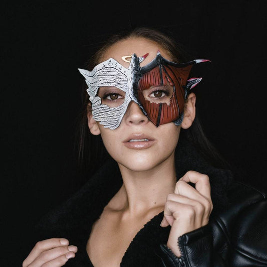 Angel Devil Handmade Genuine Leather Mask in Red and White for Masquerades Halloween or Cosplay- Good vs. Evil - 