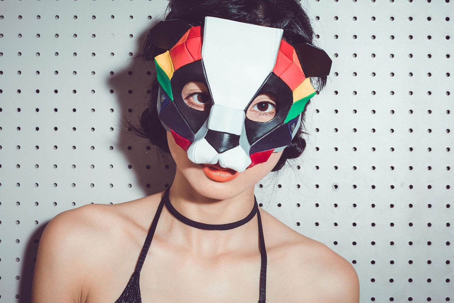 Geometric Rainbow Panda Bear Leather Mask - 