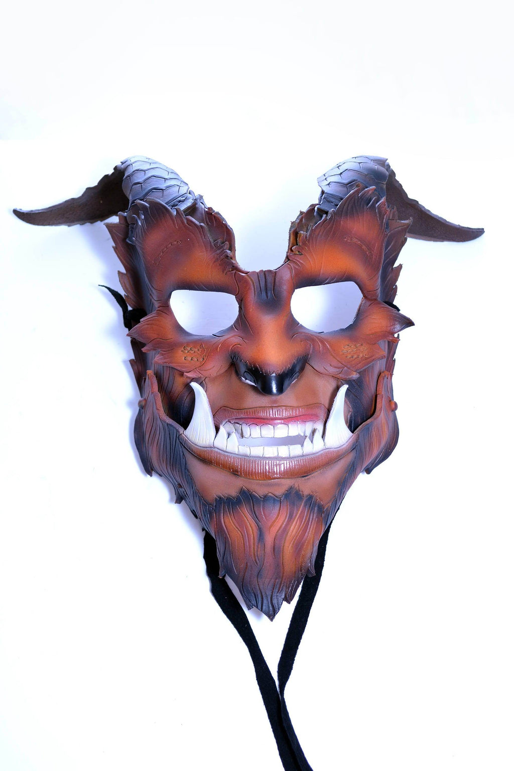 The Beast - Handmade Genuine Leather Mask with Horns in Natural Colors - 