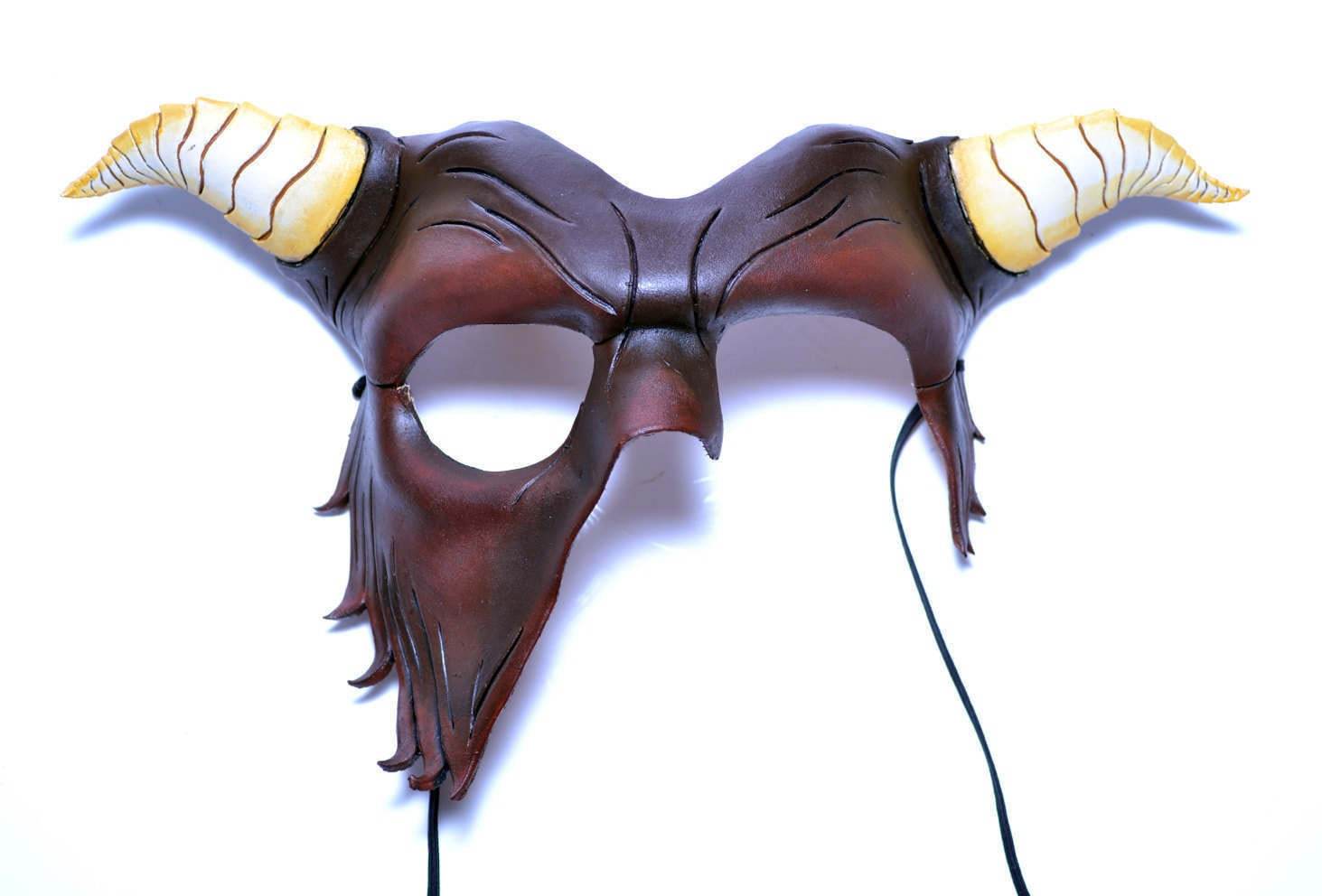 Beast of the Opera - Handmade Genuine Leather Mask with Horns in Natural Colors - 