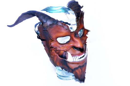 The Beast - Handmade Genuine Leather Mask with Horns in Natural Colors - 