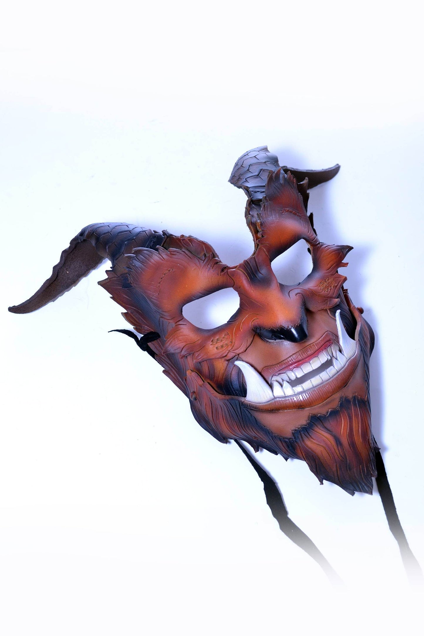 The Beast - Handmade Genuine Leather Mask with Horns in Natural Colors - 