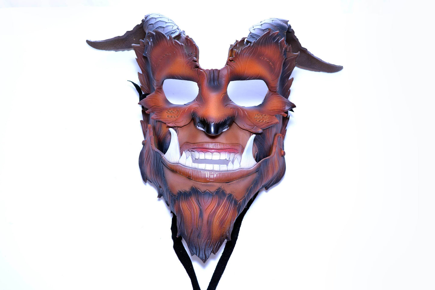 The Beast - Handmade Genuine Leather Mask with Horns in Natural Colors - 