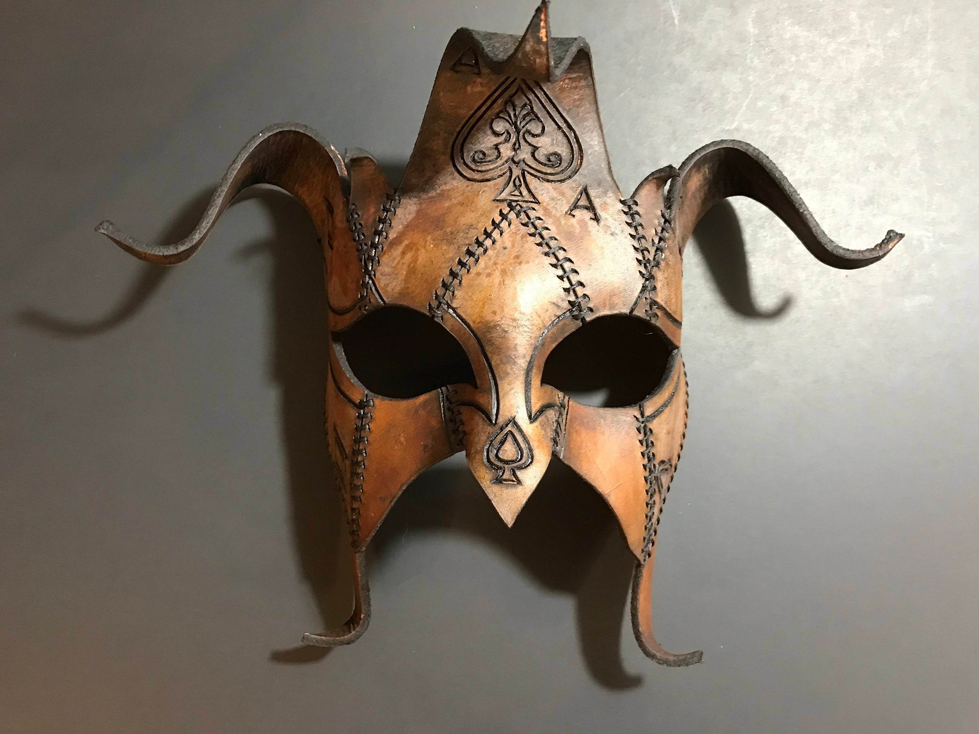 The Joker's Card- Joker Jester Handmade Genuine Leather Mask in Dyed Leather - 