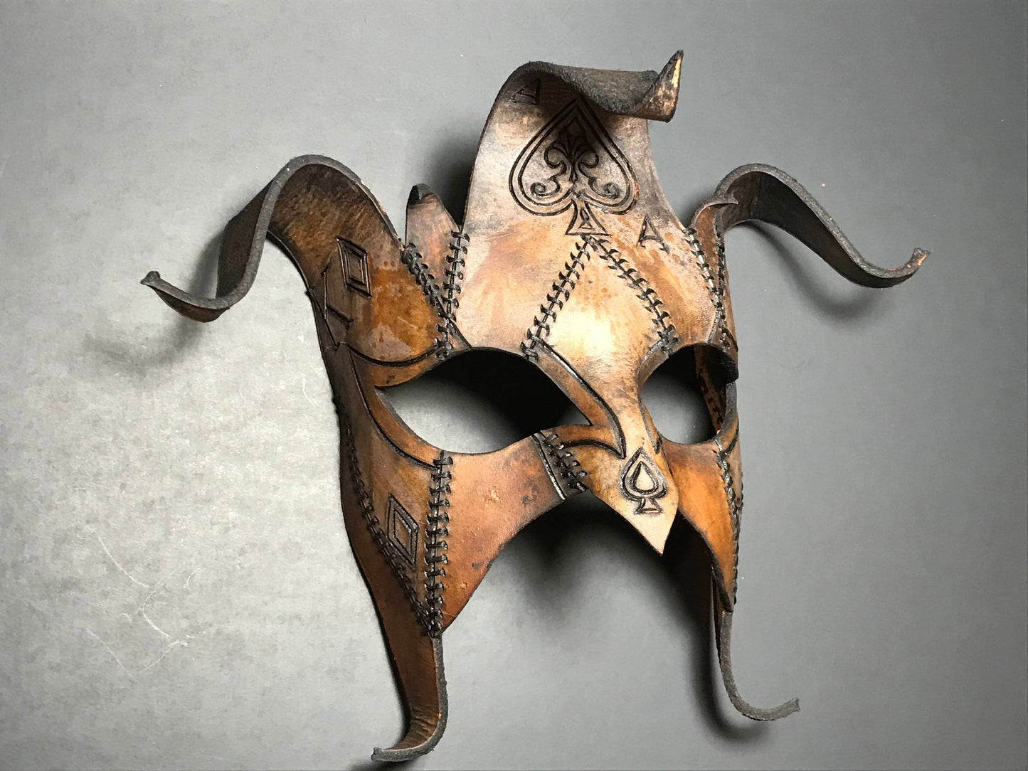 The Joker's Card- Joker Jester Handmade Genuine Leather Mask in Dyed Leather - 