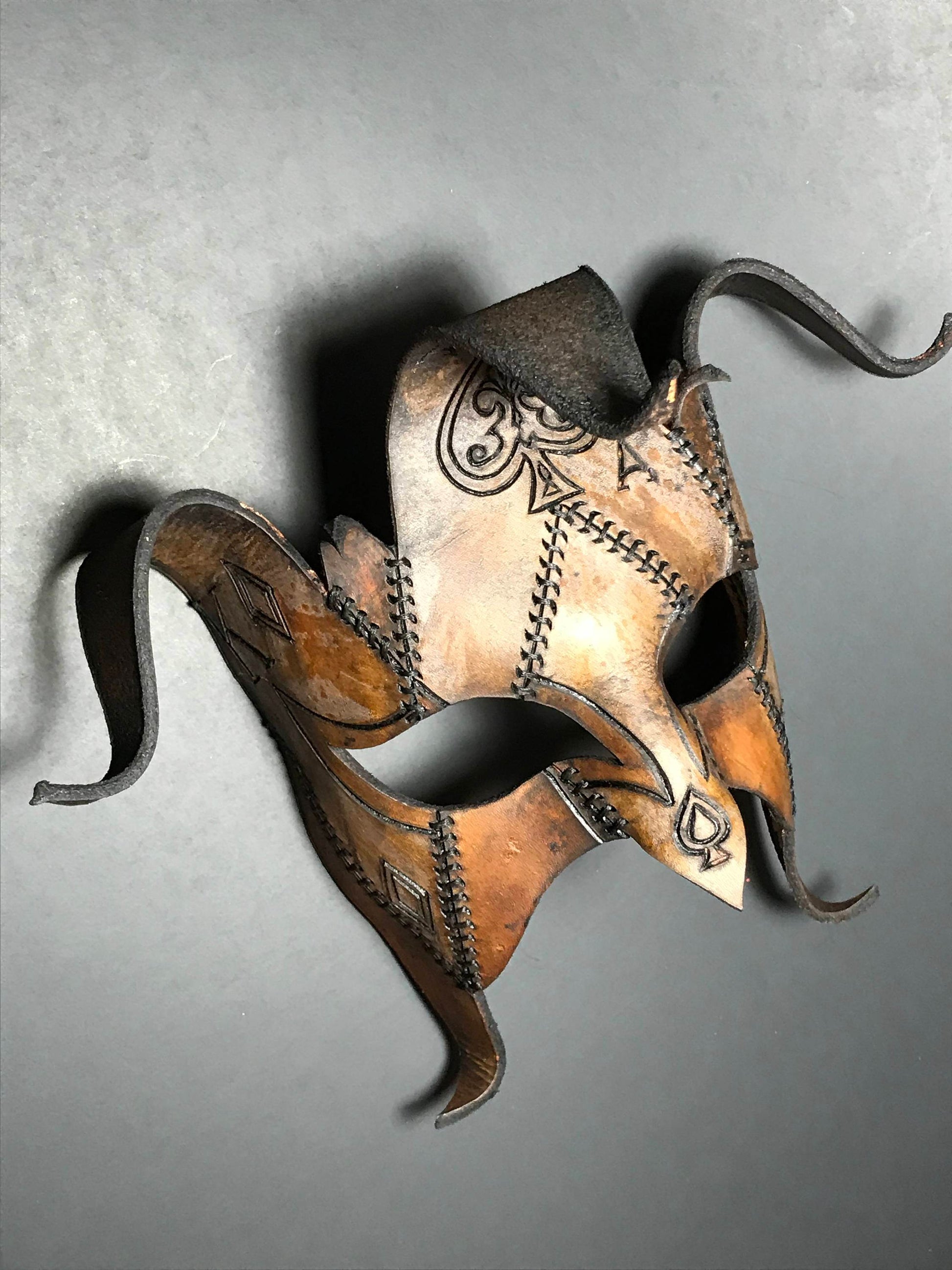 The Joker's Card- Joker Jester Handmade Genuine Leather Mask in Dyed Leather - 