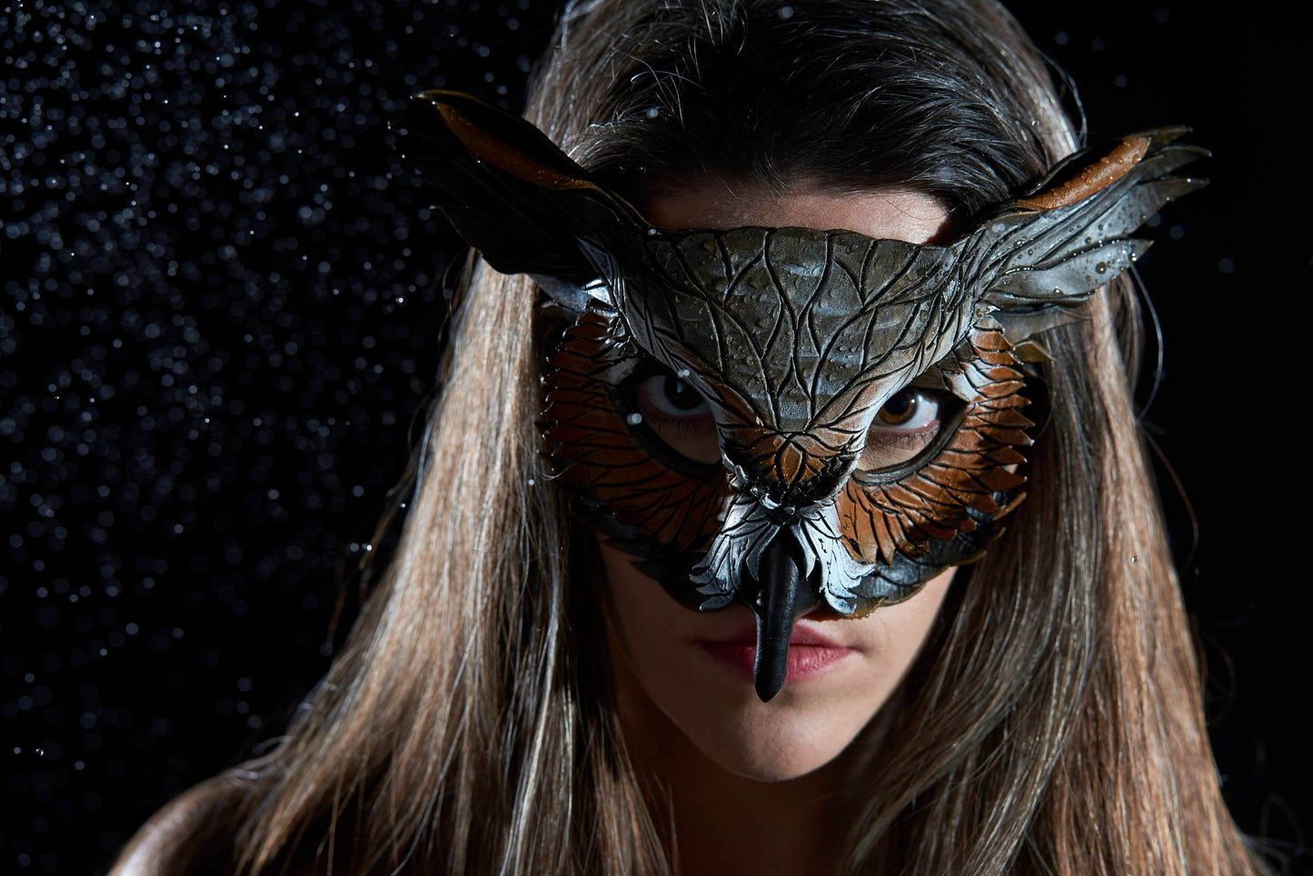 Layered Horned Owl Handmade Genuine Leather Mask - 