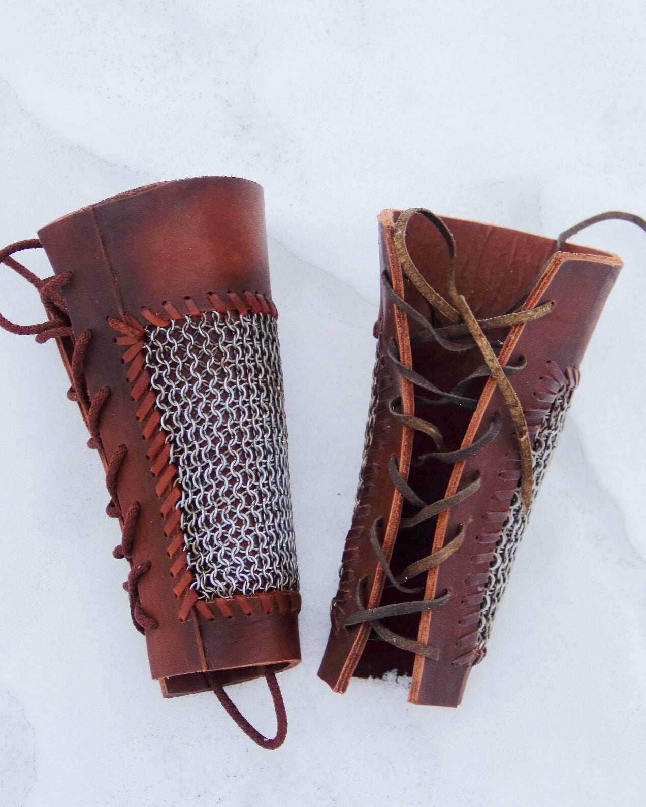 Viking leather bracers with сhainmai - brown (as pictured)
