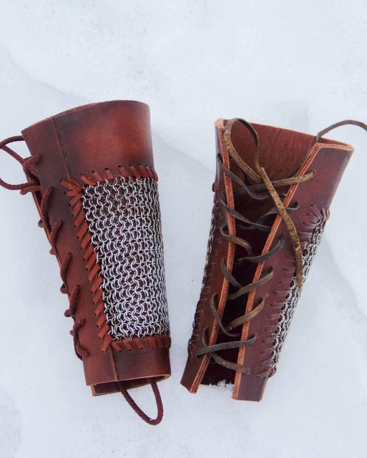 Viking leather bracers with сhainmai - brown (as pictured)