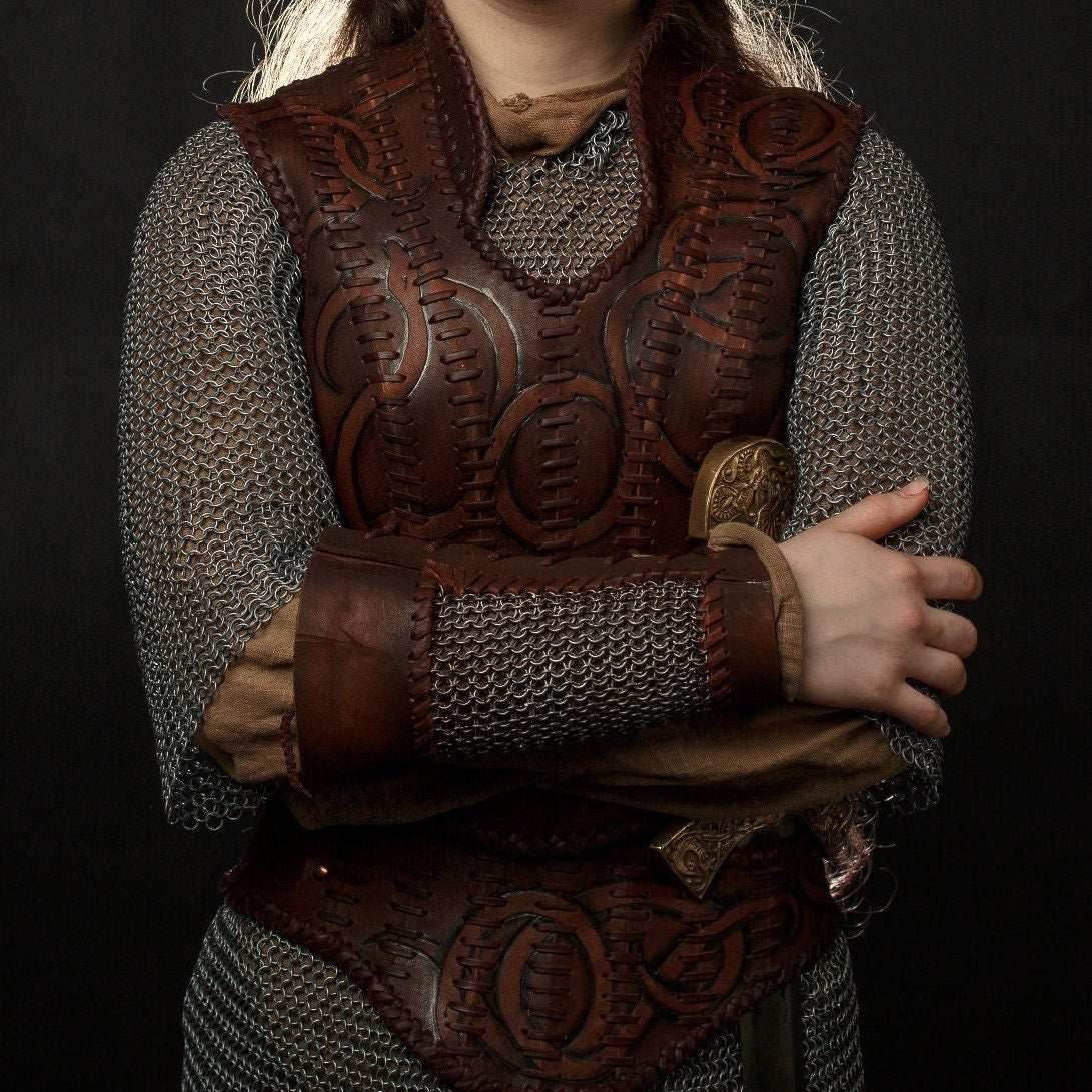 Viking leather bracers with сhainmai - brown (as pictured)