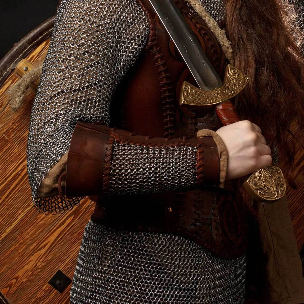 Viking leather bracers with сhainmai - brown (as pictured)