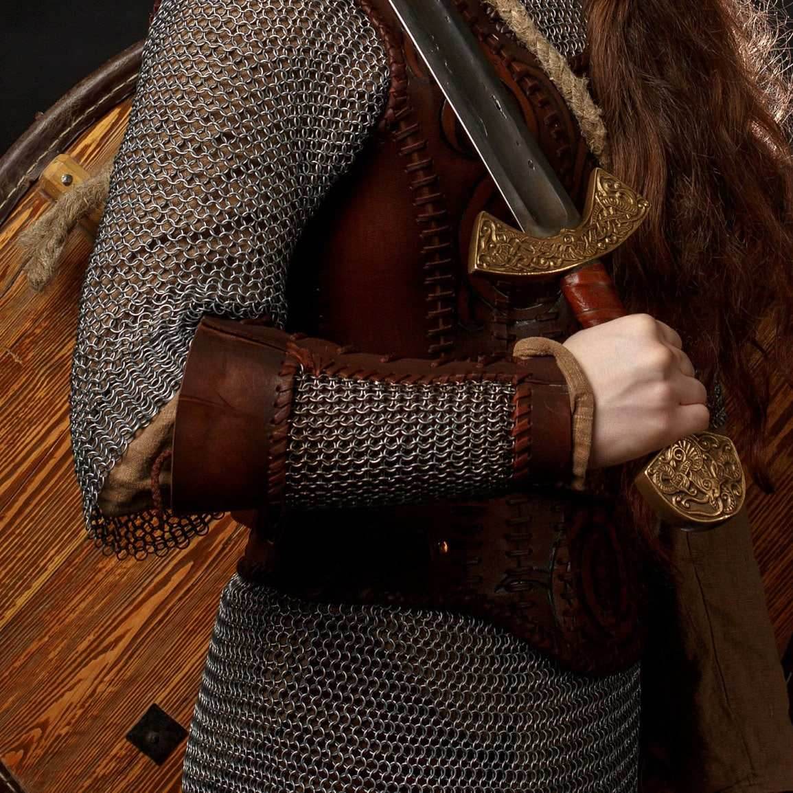 Viking leather bracers with сhainmai - brown (as pictured)