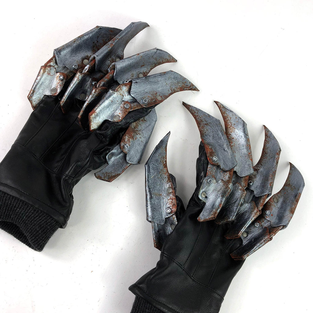 One Set of Two Handcrafted Genuine Leather Gloves with Claws in Rusted Metal Paint - 