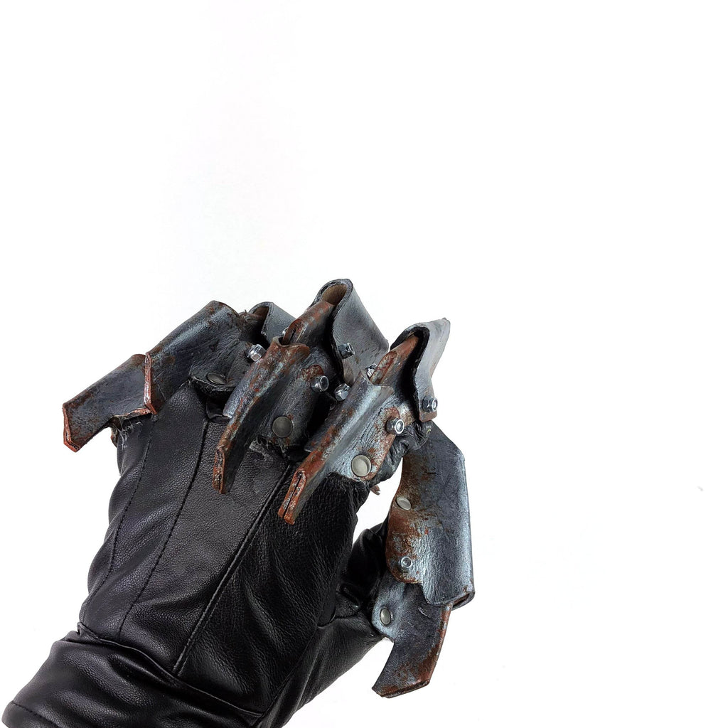 One Set of Two Handcrafted Genuine Leather Gloves with Claws in Rusted Metal Paint - 