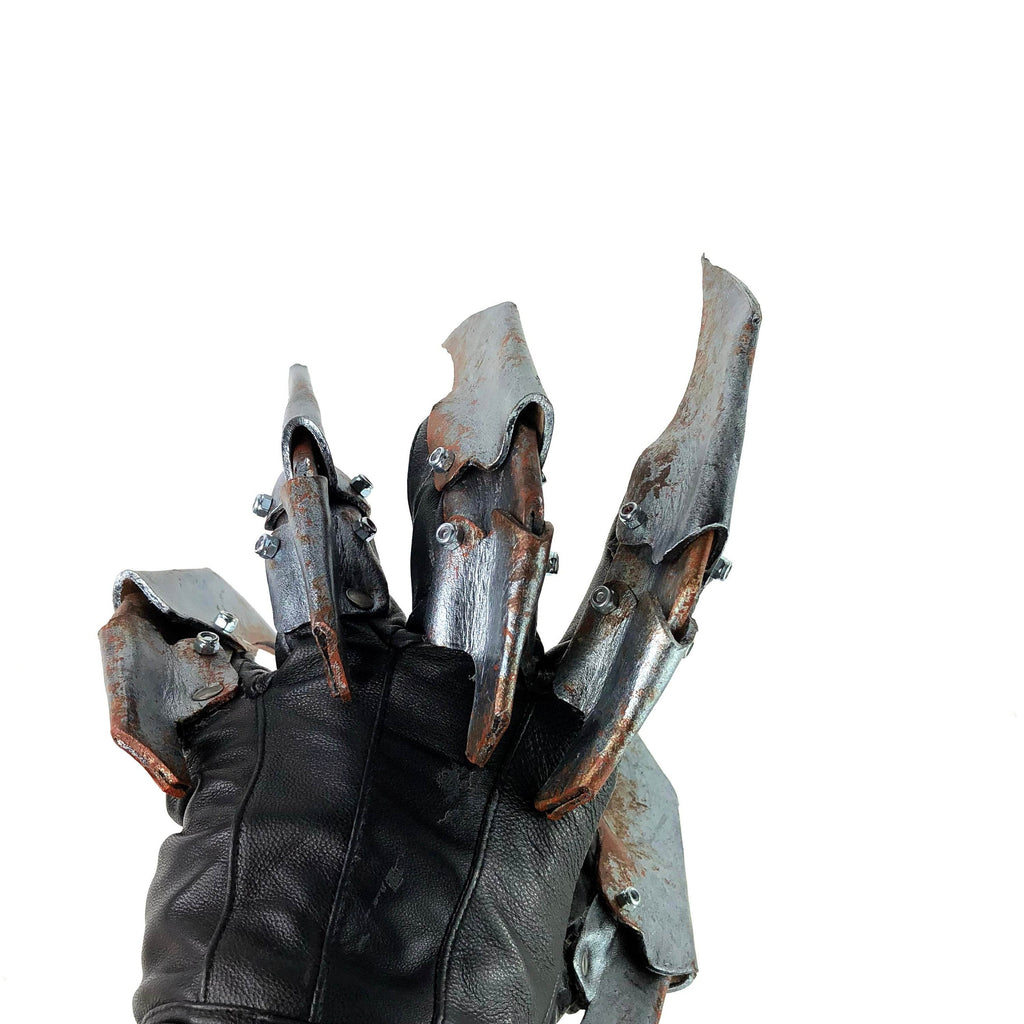 One Set of Two Handcrafted Genuine Leather Gloves with Claws in Rusted Metal Paint - 