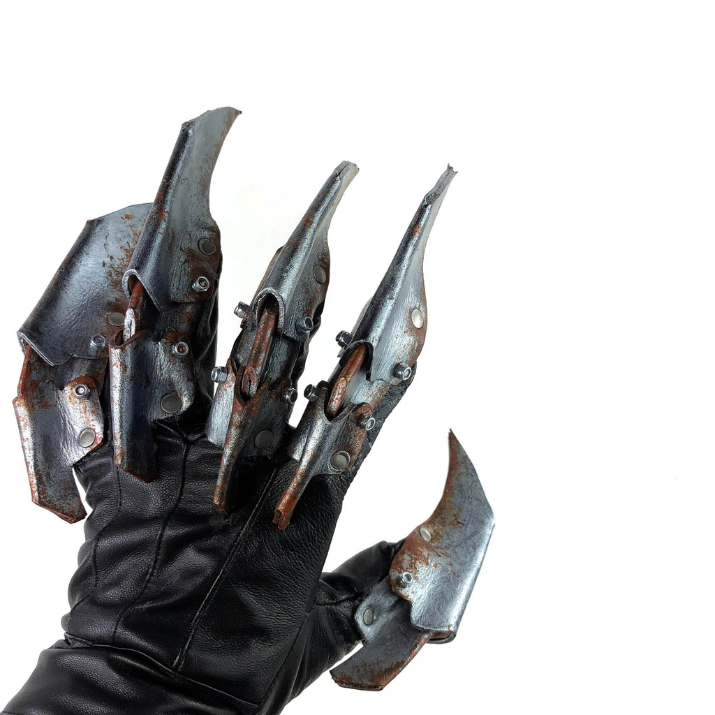 One Set of Two Handcrafted Genuine Leather Gloves with Claws in Rusted Metal Paint - 