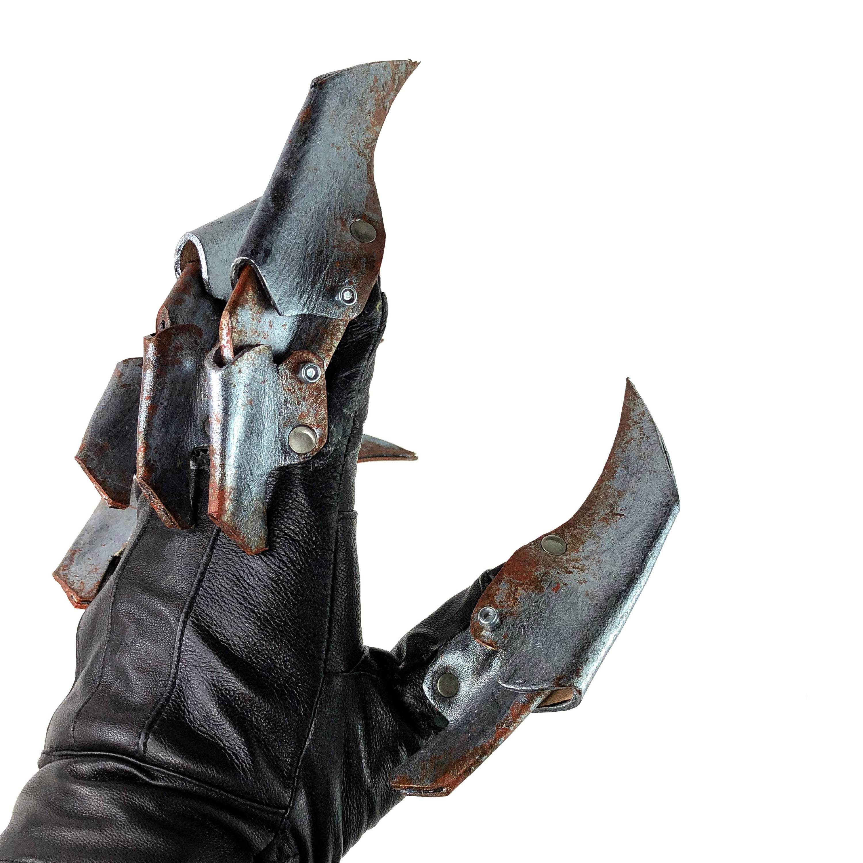One Set of Two Handcrafted Genuine Leather Gloves with Claws in Rusted Metal Paint - 