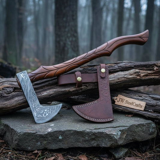 Custom Handmade Damascus steel Viking axe With Pure Leather sheath DK-0084