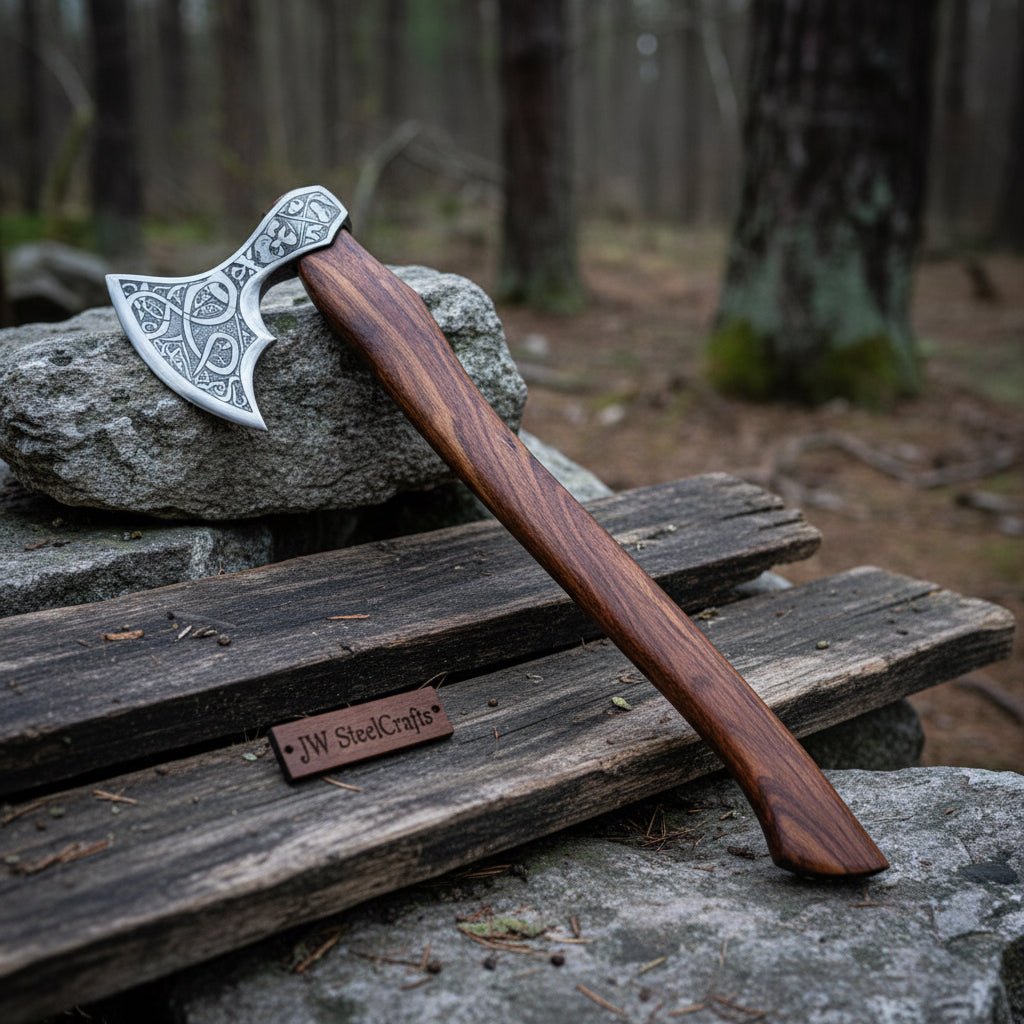 Carbon Steel Viking Bearded Axe – Hand Engraved Norse Skeggøx with Hardwood Handle, Functional Bushcraft and Camping Hatchet | JW SteelCrafts