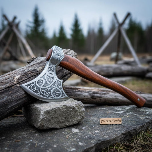 Carbon Steel Viking Bearded Axe – Hand Engraved Norse Skeggøx with Hardwood Handle, Functional Bushcraft and Camping Hatchet | JW SteelCrafts