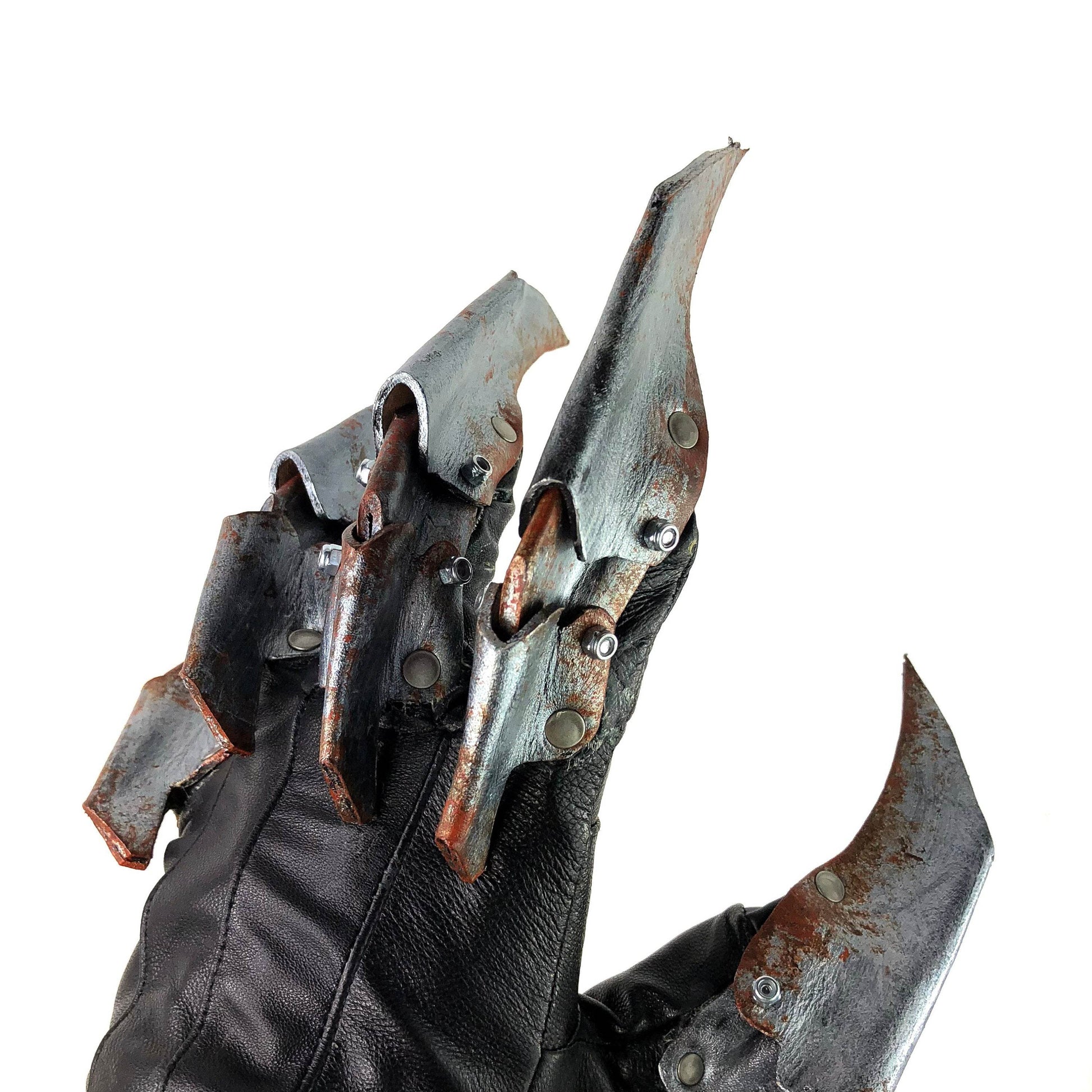 One Set of Two Handcrafted Genuine Leather Gloves with Claws in Rusted Metal Paint - 