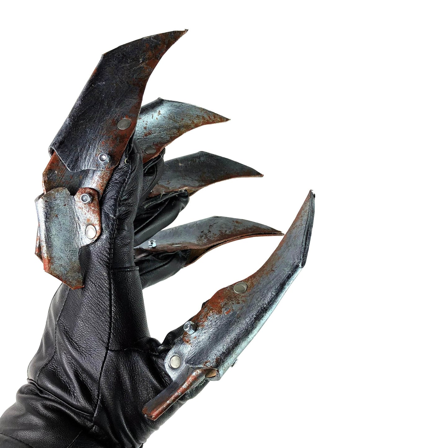 One Set of Two Handcrafted Genuine Leather Gloves with Claws in Rusted Metal Paint - 