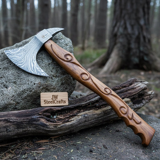 Handmade Damascus Steel Viking Bearded Axe – Pattern Welded Blade with Carved Hardwood Handle | JW SteelCrafts