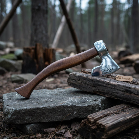 Hand Forged Damascus Steel Viking Axe – Bearded Camping Hatchet with Hardwood Handle & Leather Sheath | JW SteelCrafts