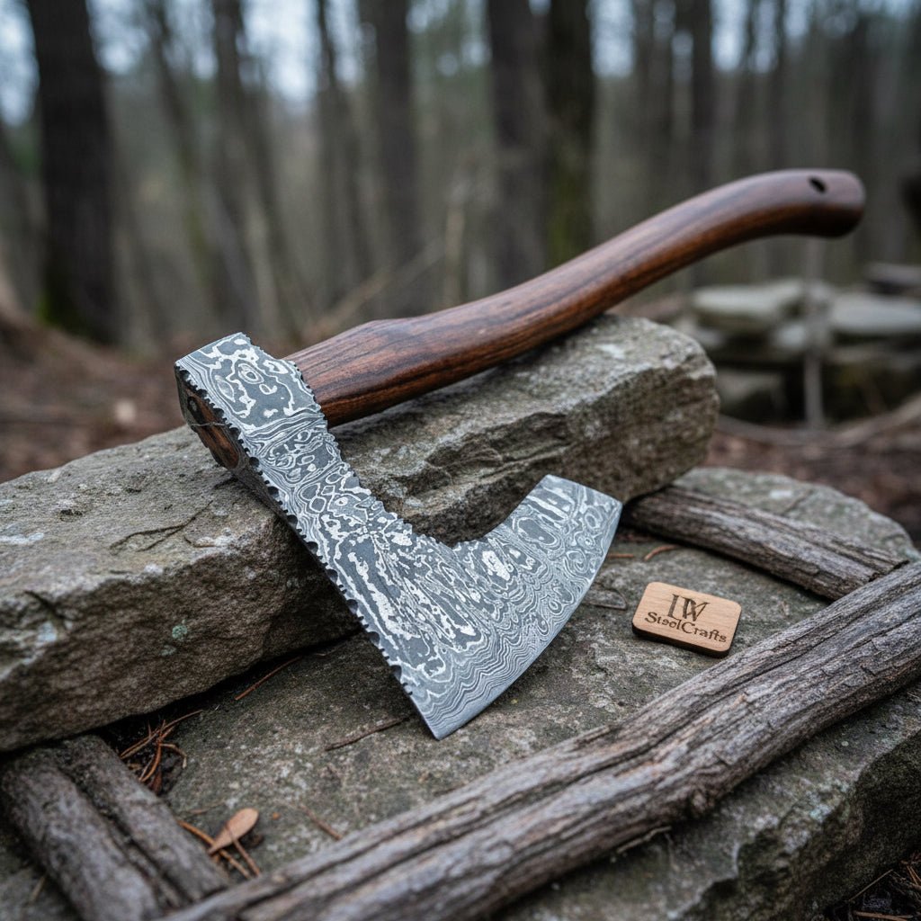 Handmade Damascus Steel Bearded Viking Axe with Hardwood Handle – Custom Forged Norse Camp Axe | JW SteelCrafts