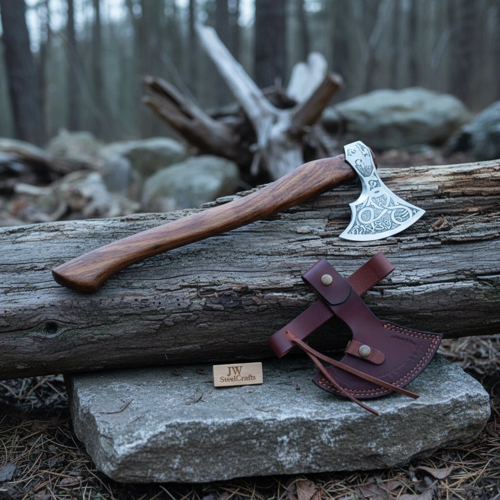 Carbon Steel Viking Bearded Axe – Hand Engraved Norse Skeggøx with Hardwood Handle, Functional Bushcraft and Camping Hatchet | JW SteelCrafts