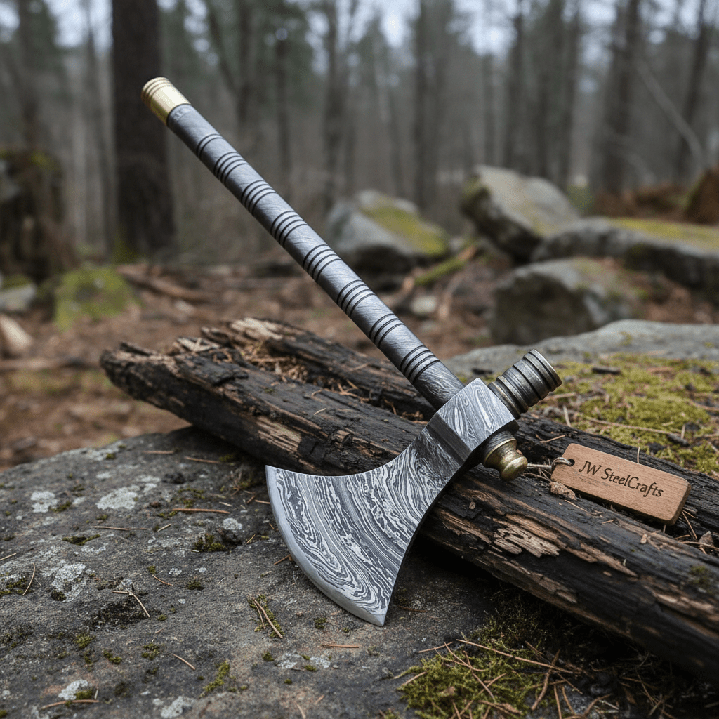 Damascus Steel Tabar Style Hand Axe with Crescent Edge and Spike | JW SteelCrafts