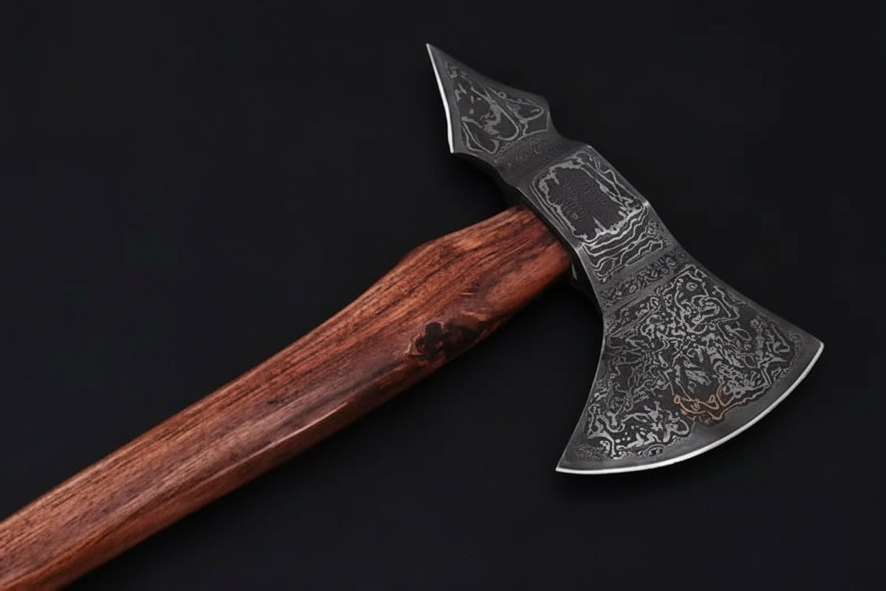 Double-Bit Damascus Axe Head with Rear Spike Variant