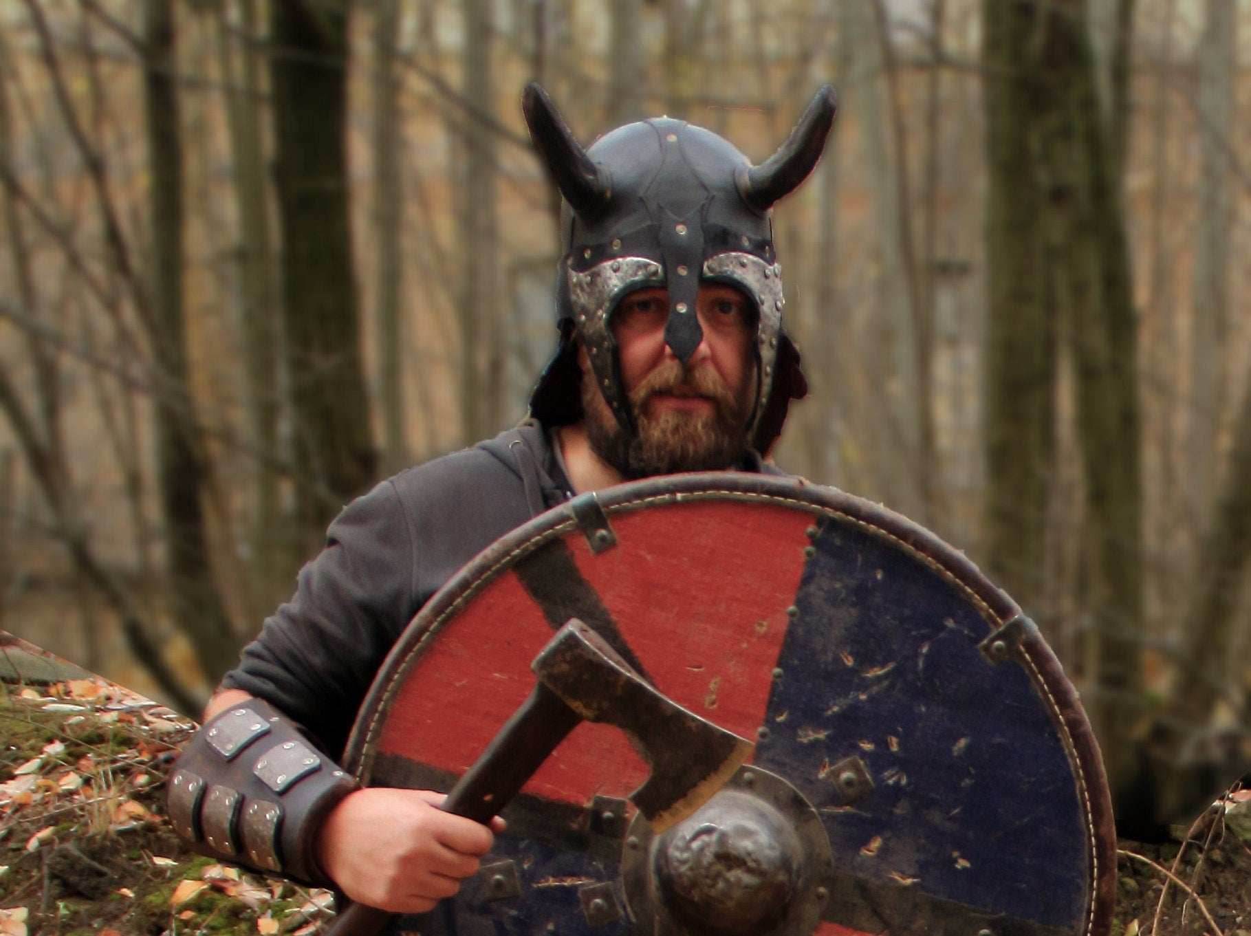 Viking battle helmet with horns - XS / Brown (as on foto)