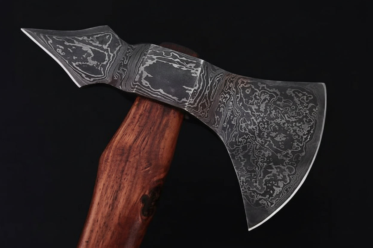 Double-Bit Damascus Axe Head with Rear Spike Variant