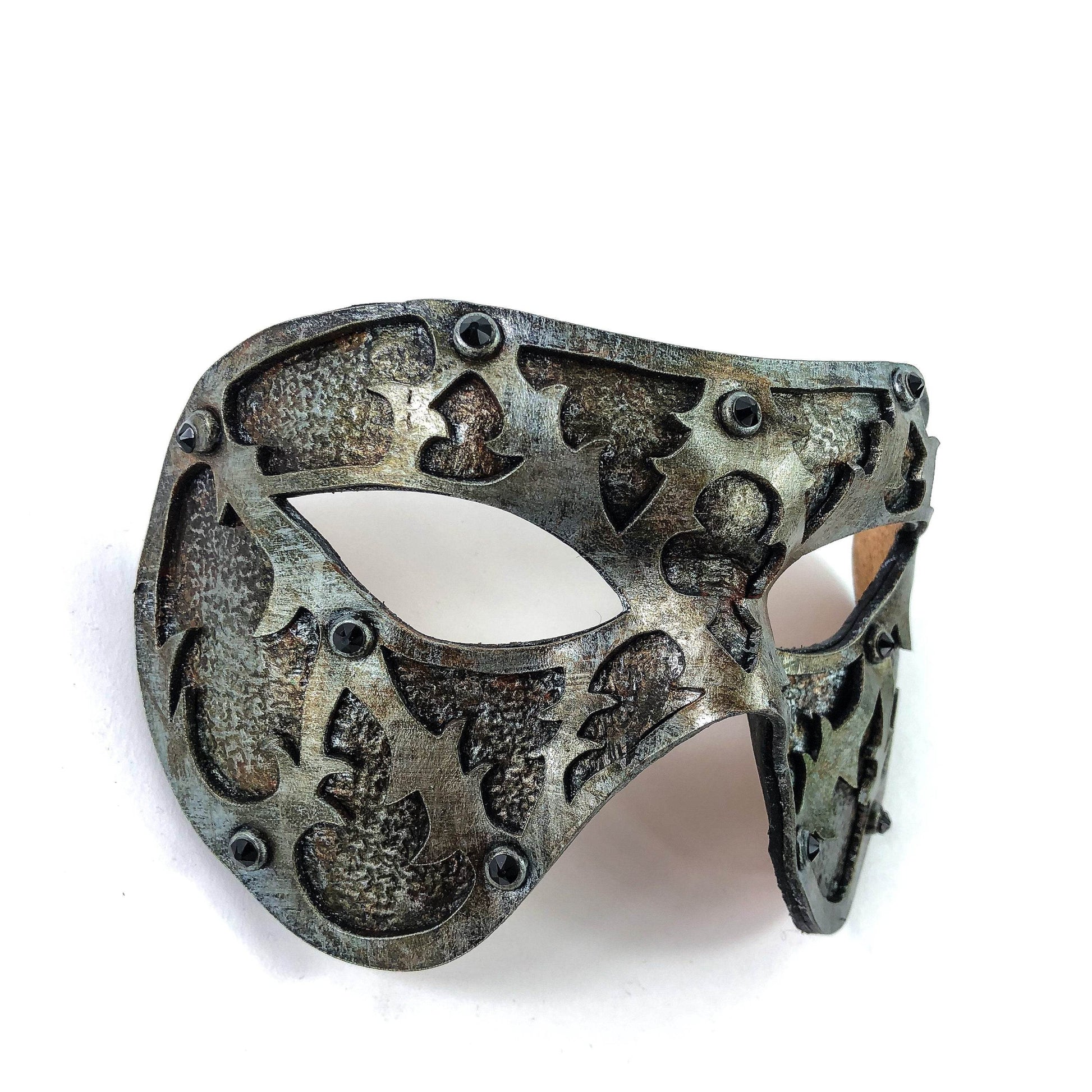 Dual Layer Handmade Genuine Leather Mask in Silver Rust with Swarovski Crystals - 