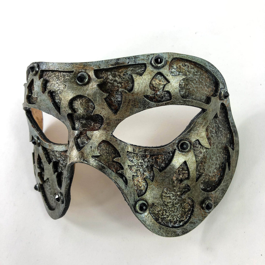 Dual Layer Handmade Genuine Leather Mask in Silver Rust with Swarovski Crystals - 