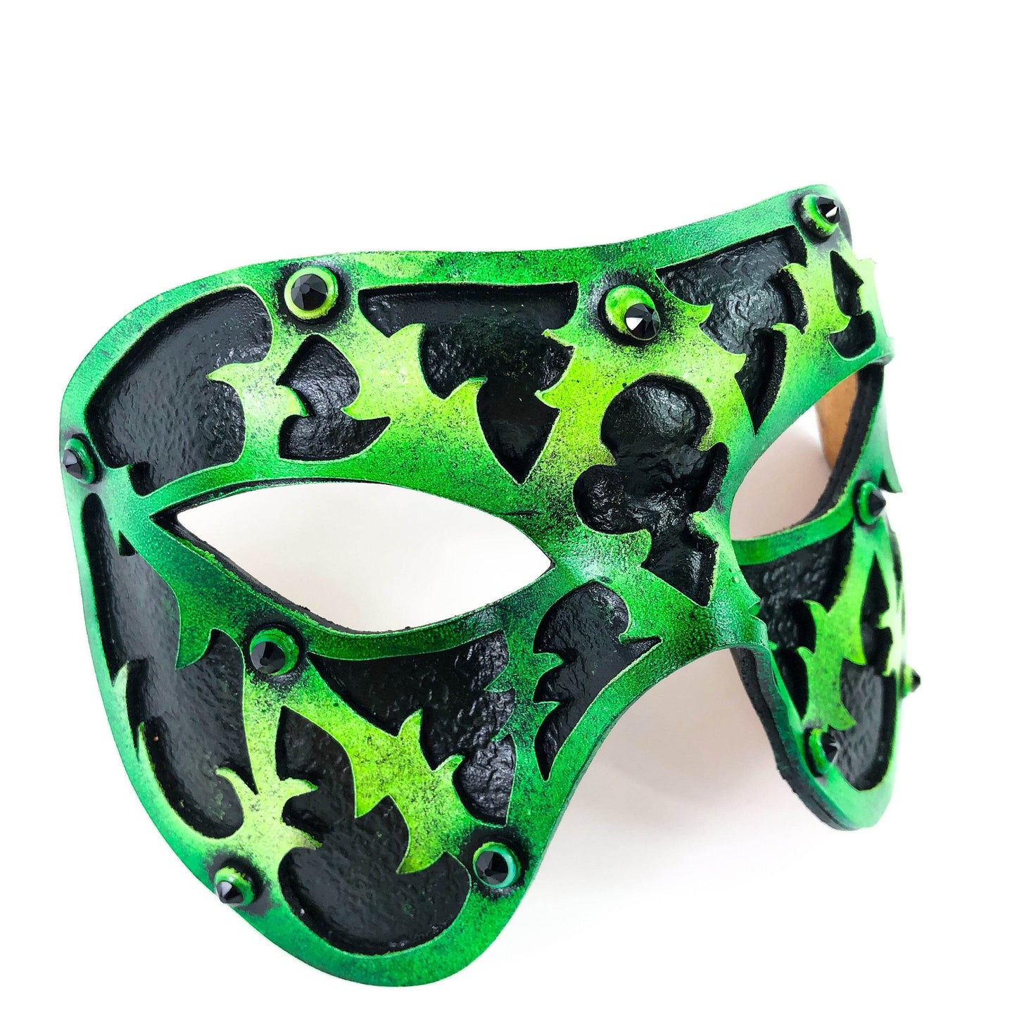 Dual Layer Handmade Genuine Leather Mask in Green and Black with Swarovski Crystals - 