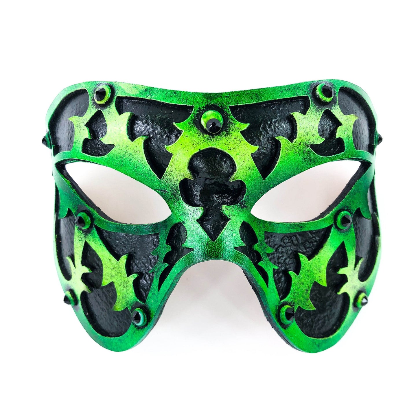 Dual Layer Handmade Genuine Leather Mask in Green and Black with Swarovski Crystals - 