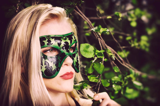 Dual Layer Handmade Genuine Leather Mask in Green and Black with Swarovski Crystals - 