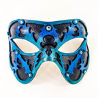 Dual Layer Handmade Genuine Leather Mask in Blue and Black with Swarovski Crystals - 