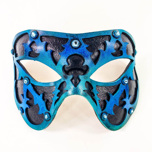 Dual Layer Handmade Genuine Leather Mask in Blue and Black with Swarovski Crystals - 