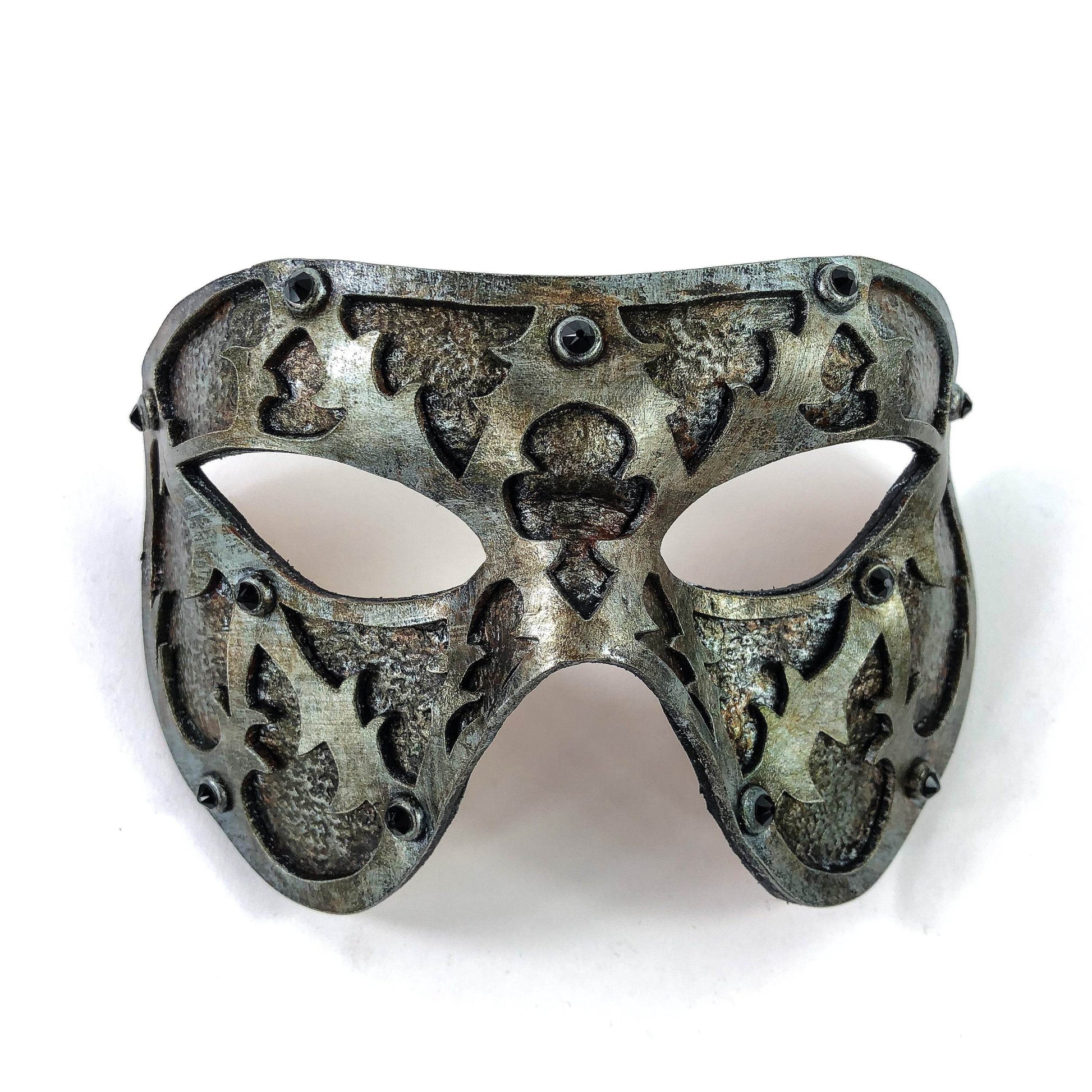 Dual Layer Handmade Genuine Leather Mask in Silver Rust with Swarovski Crystals - 