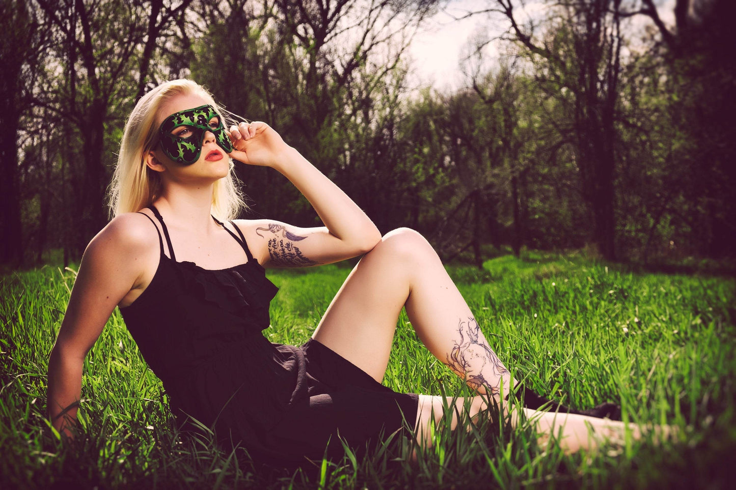 Dual Layer Handmade Genuine Leather Mask in Green and Black with Swarovski Crystals - 