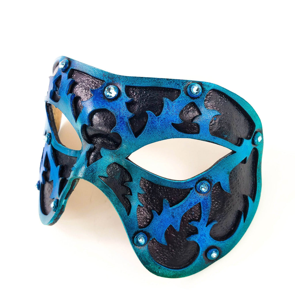 Dual Layer Handmade Genuine Leather Mask in Blue and Black with Swarovski Crystals - 